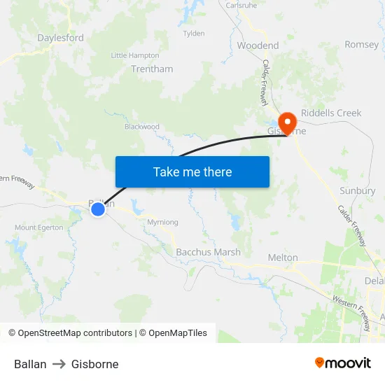 Ballan to Gisborne map