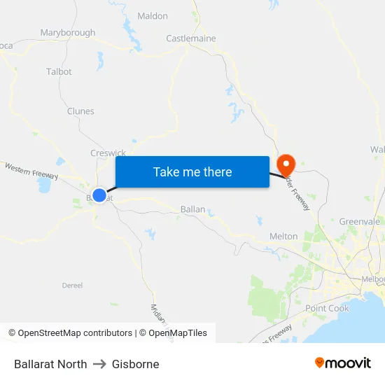 Ballarat North to Gisborne map