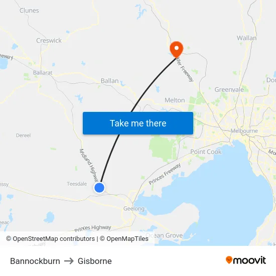 Bannockburn to Gisborne map