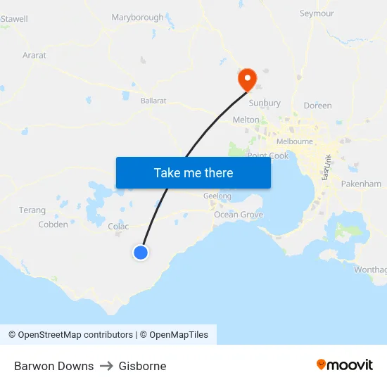 Barwon Downs to Gisborne map