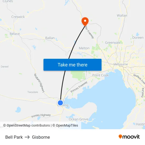Bell Park to Gisborne map