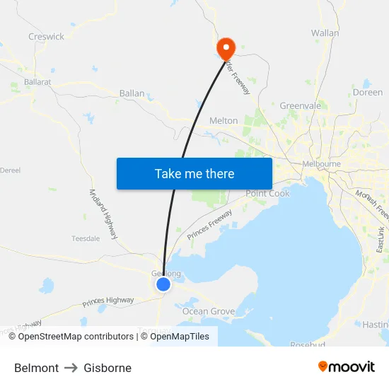 Belmont to Gisborne map