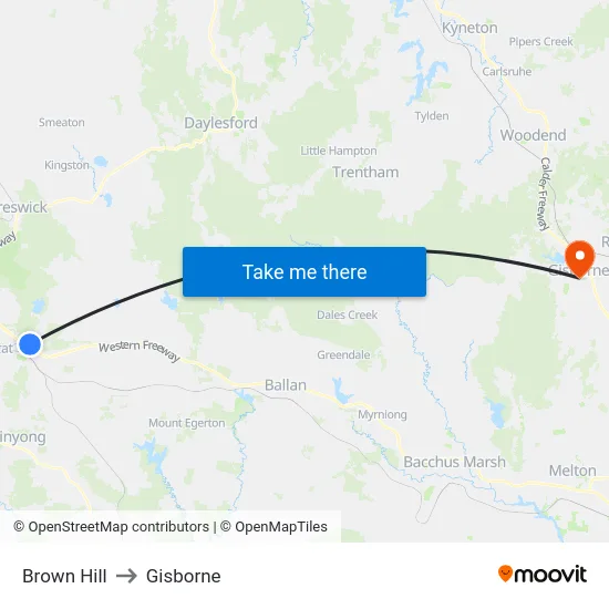 Brown Hill to Gisborne map
