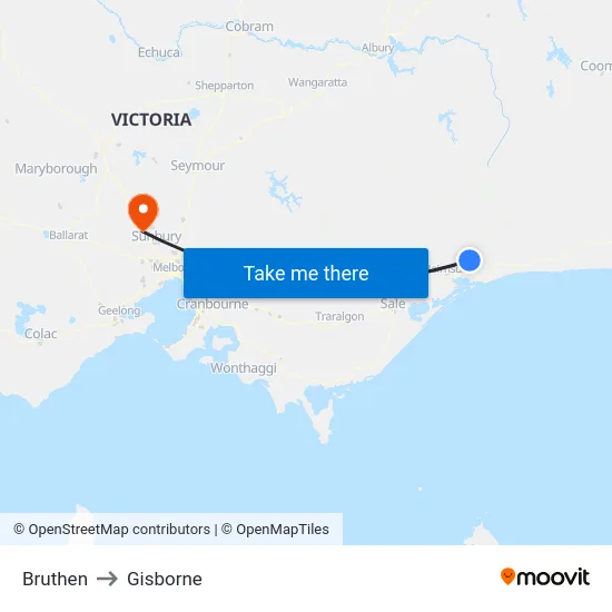 Bruthen to Gisborne map