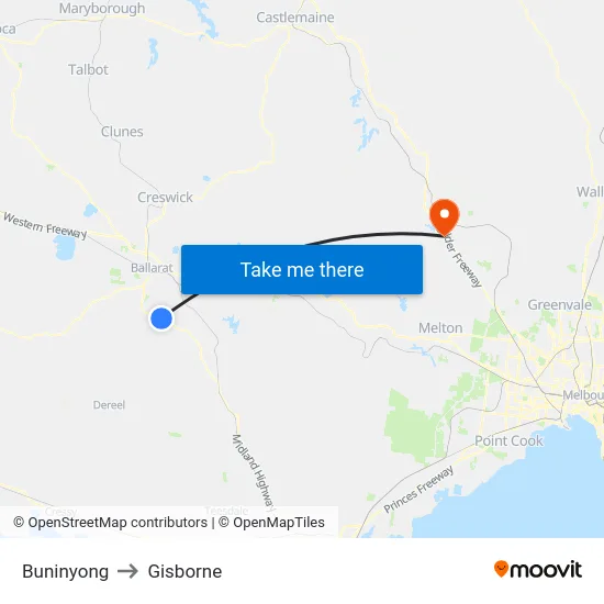 Buninyong to Gisborne map