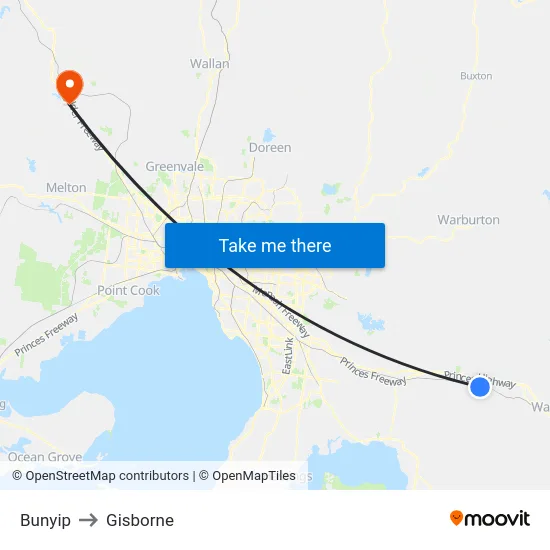 Bunyip to Gisborne map