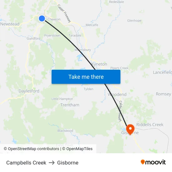Campbells Creek to Gisborne map