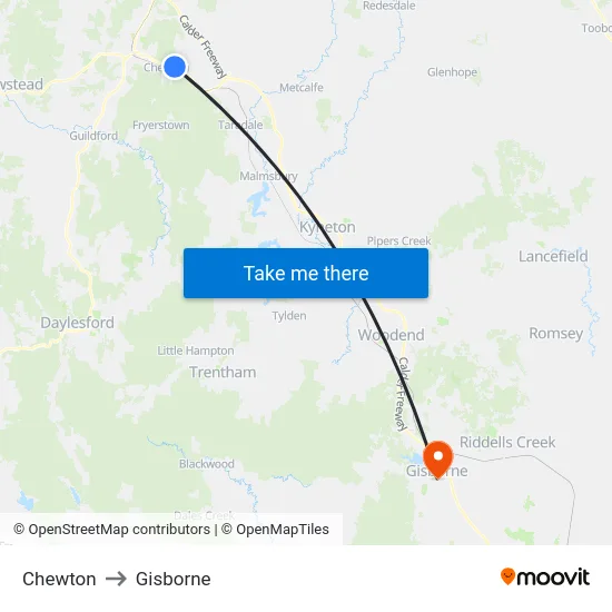 Chewton to Gisborne map
