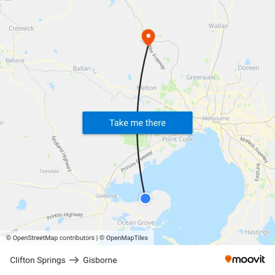 Clifton Springs to Gisborne map