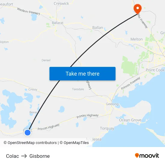 Colac to Gisborne map