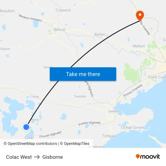 Colac West to Gisborne map
