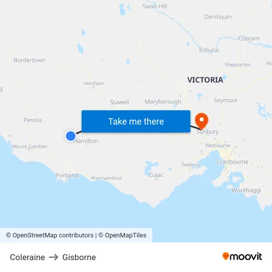 Coleraine to Gisborne map