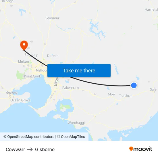 Cowwarr to Gisborne map