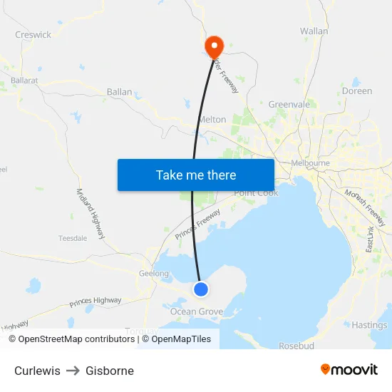 Curlewis to Gisborne map