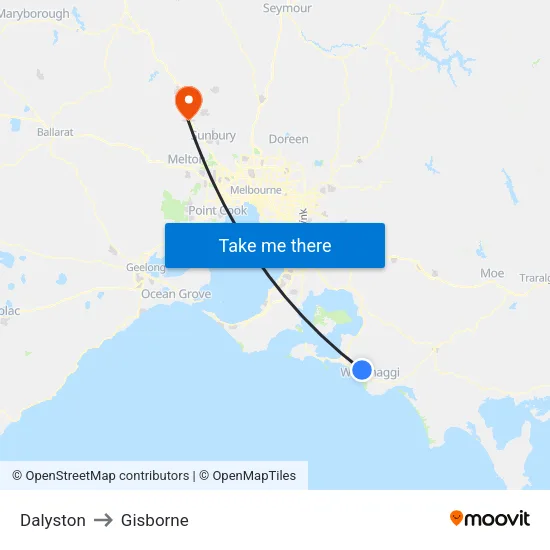 Dalyston to Gisborne map