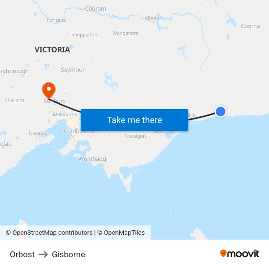 Orbost to Gisborne map