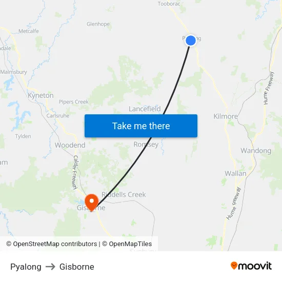 Pyalong to Gisborne map