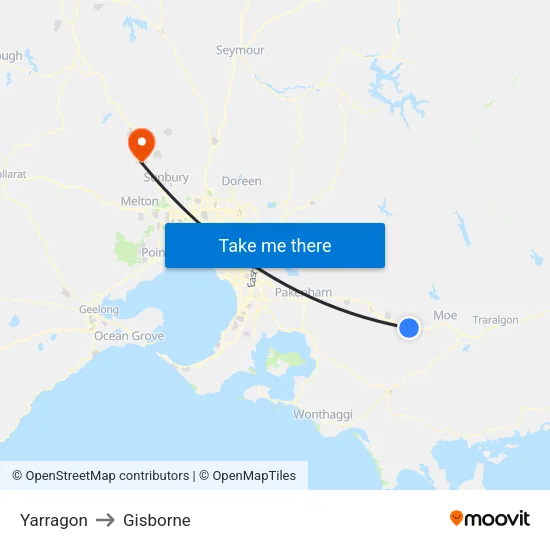 Yarragon to Gisborne map