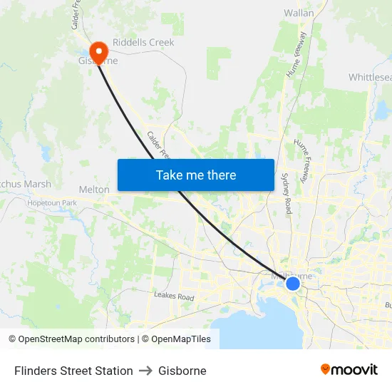 Flinders Street Station to Gisborne map