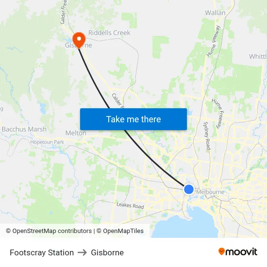 Footscray Station to Gisborne map