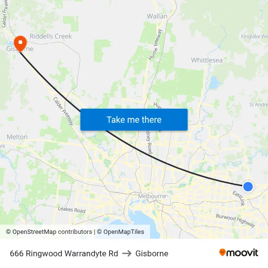 666 Ringwood Warrandyte Rd to Gisborne map