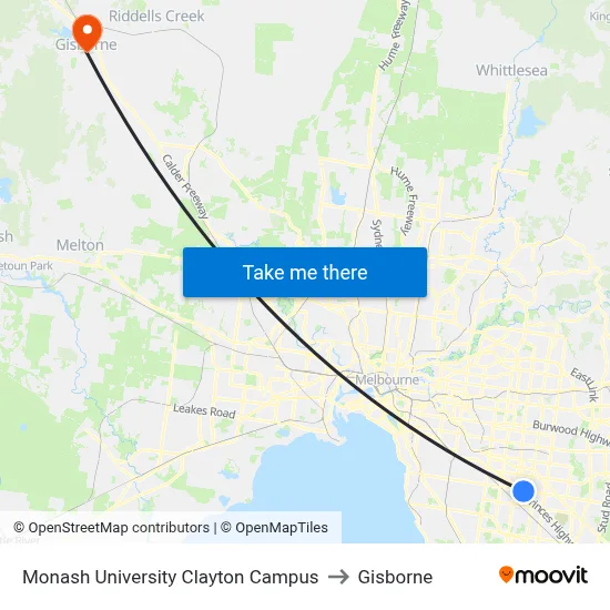 Monash University Clayton Campus to Gisborne map