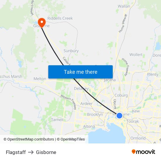 Flagstaff to Gisborne map