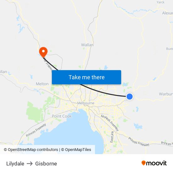 Lilydale to Gisborne map