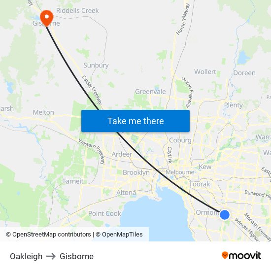 Oakleigh to Gisborne map