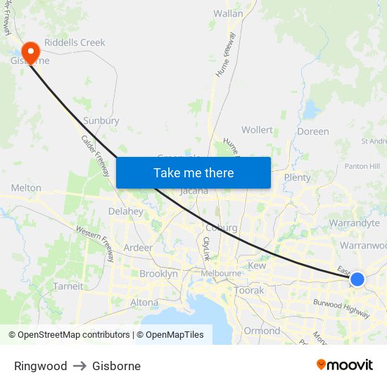 Ringwood to Gisborne map