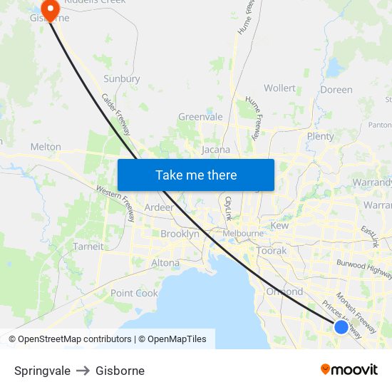 Springvale to Gisborne map