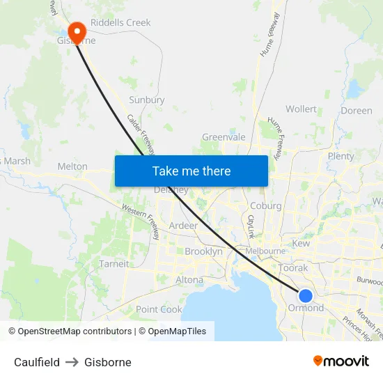 Caulfield to Gisborne map