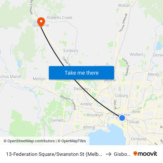 13-Federation Square/Swanston St (Melbourne City) to Gisborne map