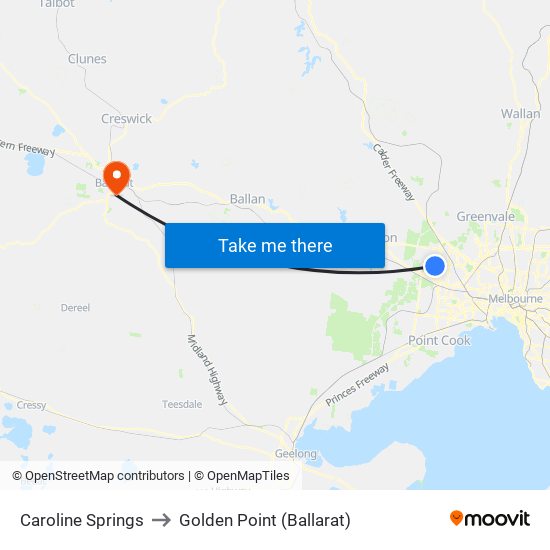 Caroline Springs to Golden Point (Ballarat) map