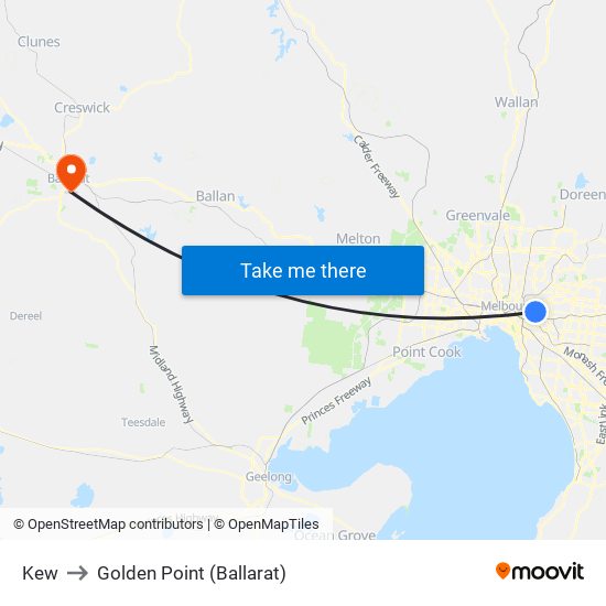 Kew to Golden Point (Ballarat) map