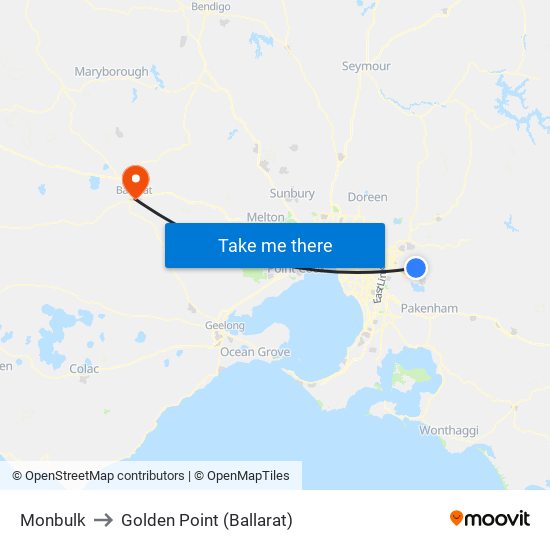 Monbulk to Golden Point (Ballarat) map