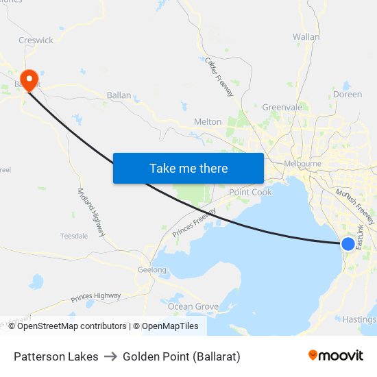 Patterson Lakes to Golden Point (Ballarat) map
