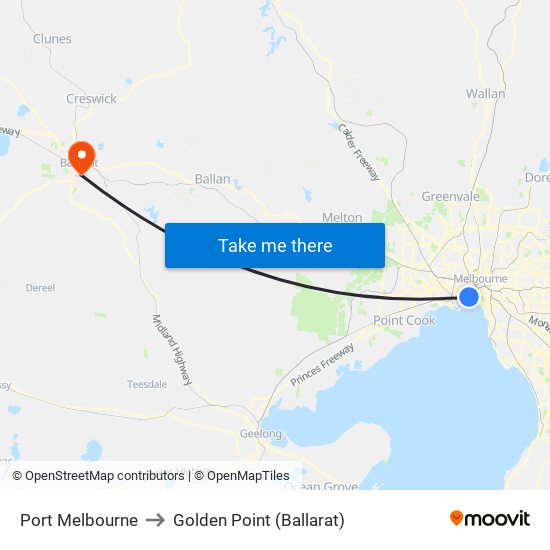 Port Melbourne to Golden Point (Ballarat) map