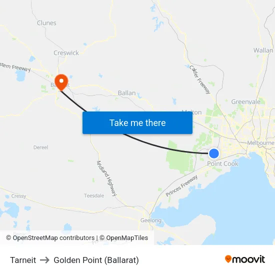 Tarneit to Golden Point (Ballarat) map