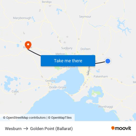 Wesburn to Golden Point (Ballarat) map