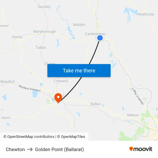 Chewton to Golden Point (Ballarat) map