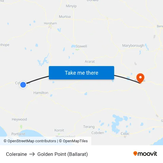 Coleraine to Golden Point (Ballarat) map