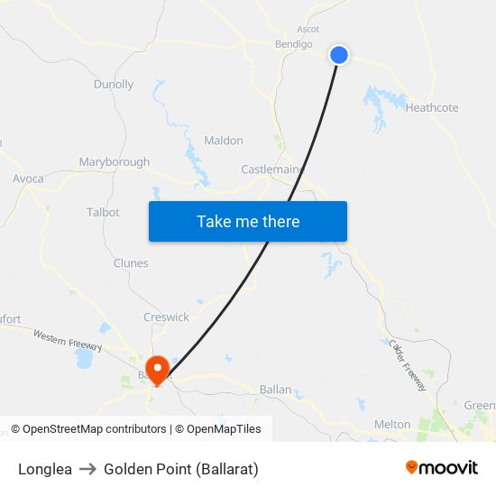 Longlea to Golden Point (Ballarat) map