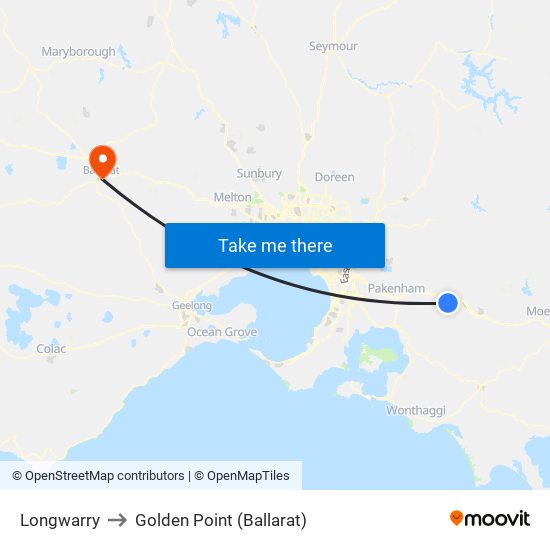 Longwarry to Golden Point (Ballarat) map