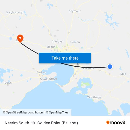 Neerim South to Golden Point (Ballarat) map