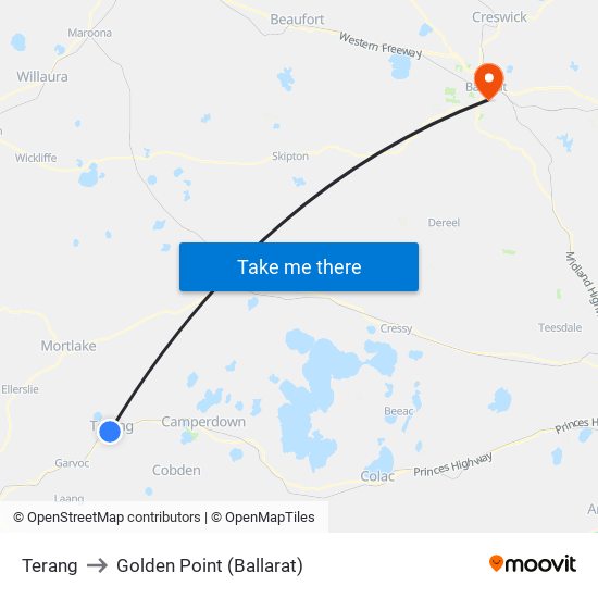 Terang to Golden Point (Ballarat) map