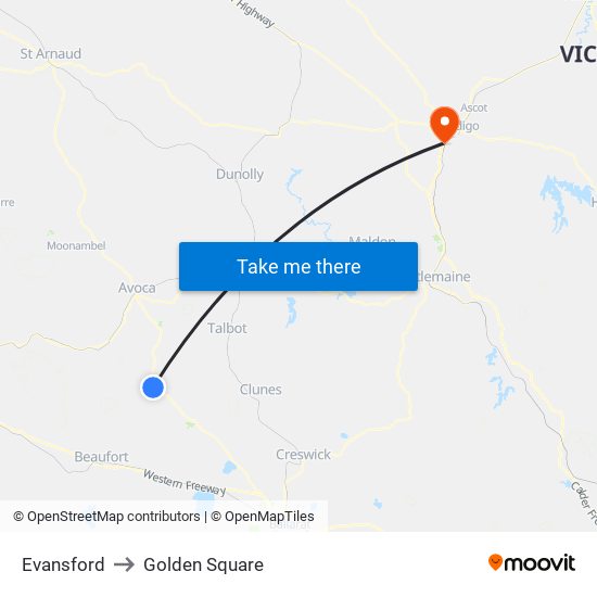 Evansford to Golden Square map