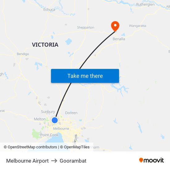 Melbourne Airport to Goorambat map