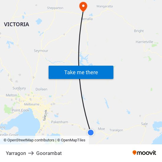 Yarragon to Goorambat map