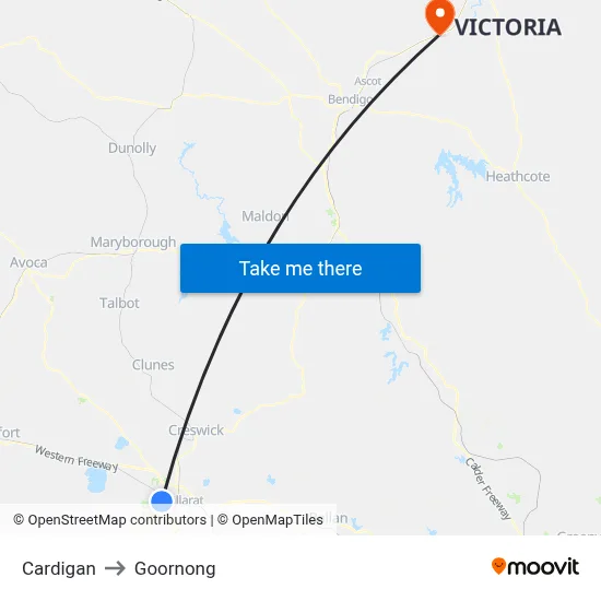 Cardigan to Goornong map